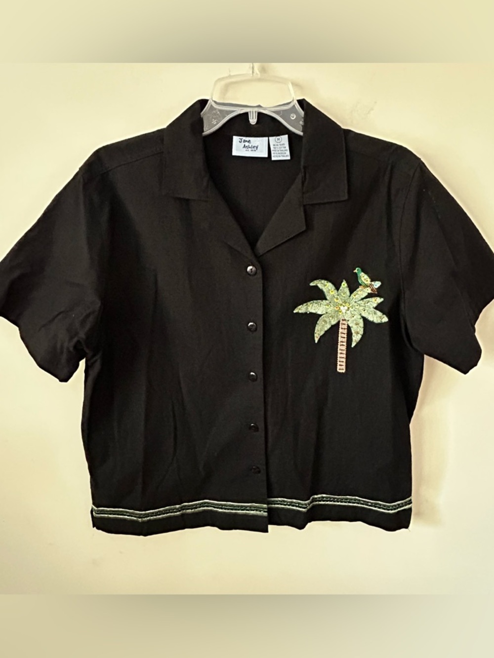 Vtg JANE ASHLEY Button Up Shirt Women's Size Medium Embroidered Sequins Tropical